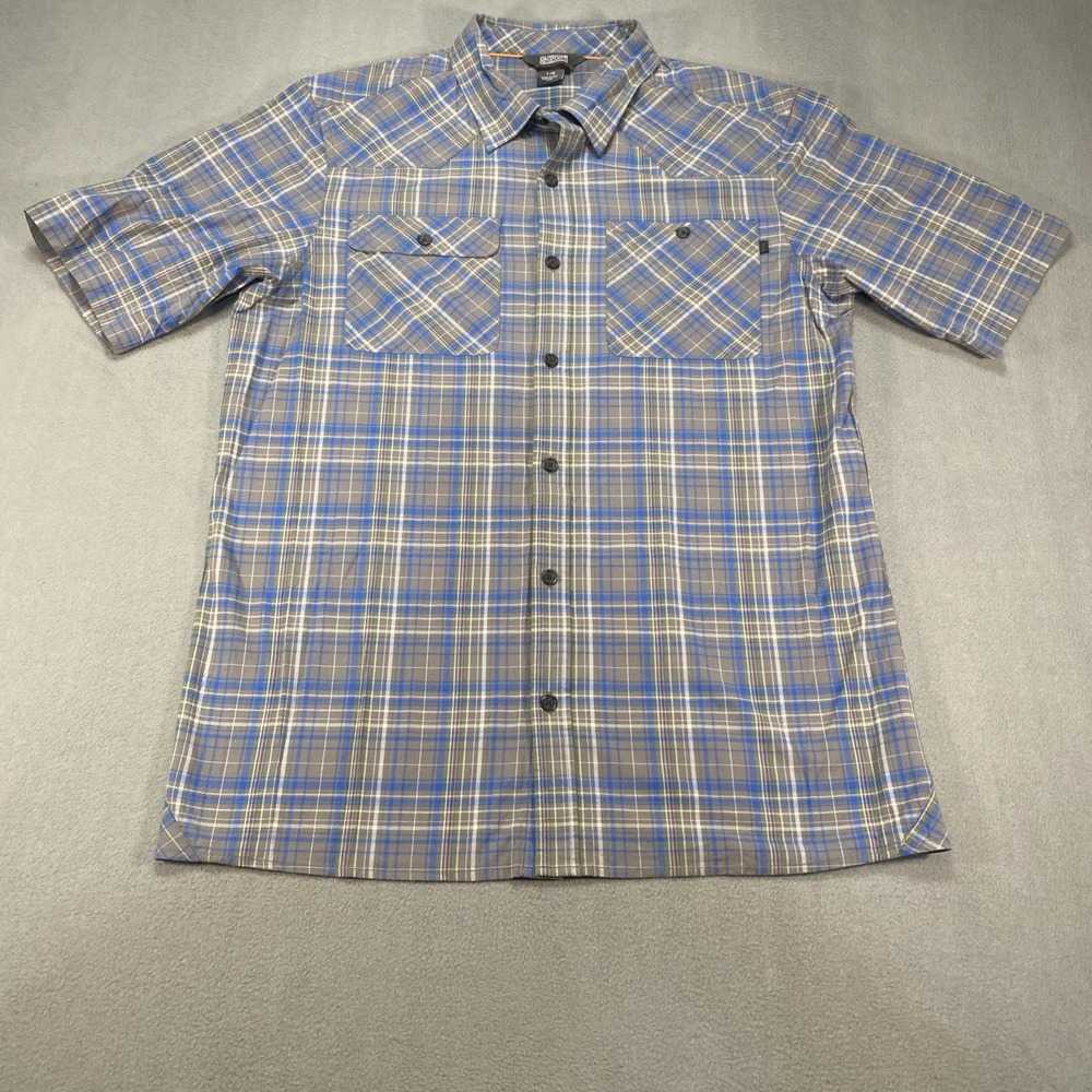 Outdoor Research Mens Large Short Sleeve Button Down Blue Grey Orange Stripe